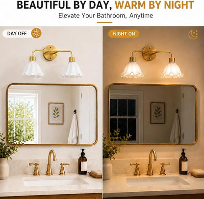 2 Light Gold Brass Bathroom Light Fixture,Brush Gold Vanity Lighting Over Mirror,Cute White Glass Flower Lampshade,Wall Sconces,E26 Socket(Bulbs Not Included)