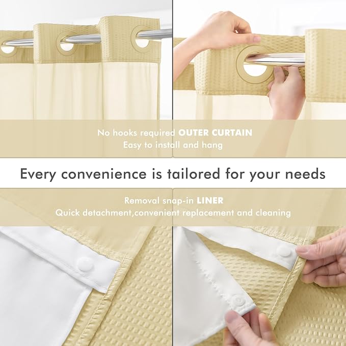 No Hook Shower Curtain with Snap-in Fabric Liner 71x74, Beige | Embossed Waffle-Look Textured, Sheer Window, Soft & Lightweight, Water Repellent Fabric Shower Curtain for Bathroom