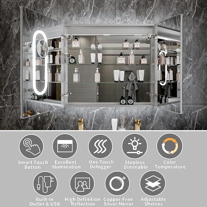 32x36 Lighted Medicine Cabinet with Mirror & Magnifier, LED Medicine Cabinet Mirror for Bathroom, Dimmable, Adjustable Color Temp, Defogger, Front&Backlit, Built-in Outlets, Soft Close DTC Hinges