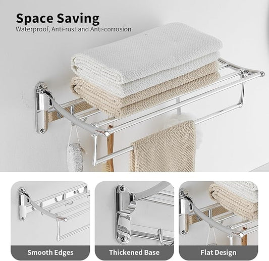 BESy 24 Inch Polished Chrome Towel Racks, Bathroom Towel Shelf with Foldable Towel Bar Holder and Towel Hooks, Wall Mounted Multifunctional Bathroom Accessories, Double Towel Bars
