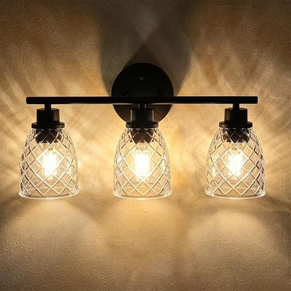 3-Light Vanity Light Over Mirror, Black Bathroom Light Fixtures | Modern Farmhouse Wall Lamp with Hammered Glass Lampshade for Kitchen Hallway Bedroom Living Room Cabinet Porch-18.1IN