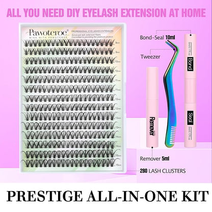 Lash Extension Kit DIY 280pcs Individual Lash Clusters Kit 30D Cluster Eyelash Extensions Kit with Lash Bond and Seal, Lash Remover, Lash Tweezers for Self Use (30D, 8-15mm, All Kit)