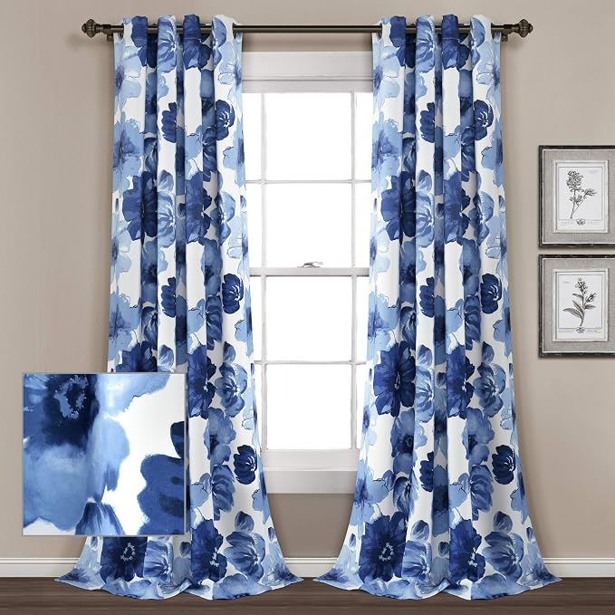 Lush Decor Leah Light Filtering Window Curtain Panels, Pair, 52" W x 84" L, Navy & White - Floral Drapes for Bedroom - Navy Curtains - Farmhouse Decor