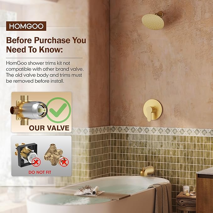Tub Shower Faucet, Gold Shower Faucet Set with 6" Shower Head | All-Metal Bathroom Rainfall Showerhead and Bathtub Spout, Single-Handle Wall Mounted Tub Shower-Trim Kit Included Valve