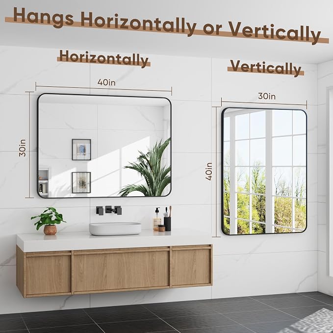 Bathroom Mirror 40" x 30", Large Rectangle Wall Mirror, Black Metal Frame Wall Mounted Mirrors for Bathroom, Vanity, Bedroom, Entryway Decor(Horizontal/Vertical)