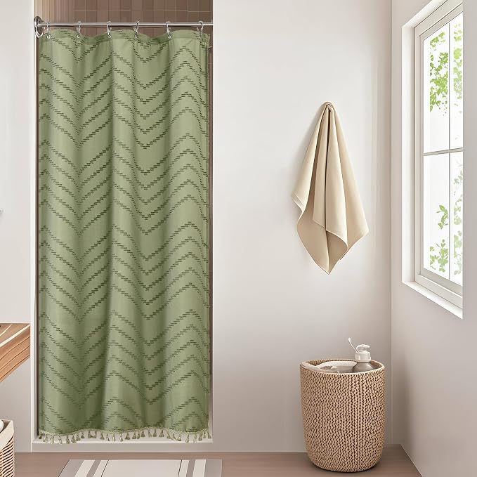 Small Boho Stall Shower Curtain, Light Green Fabric Cloth Stall Shower Curtain 36 x 72 Half Size with Tassel Tufted Chevron Striped Textured Modern Farmhouse for Bathroom, Machine Washable
