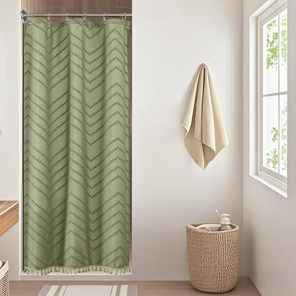 Small Boho Stall Shower Curtain, Light Green Fabric Cloth Stall Shower Curtain 36 x 72 Half Size with Tassel Tufted Chevron Striped Textured Modern Farmhouse for Bathroom, Machine Washable