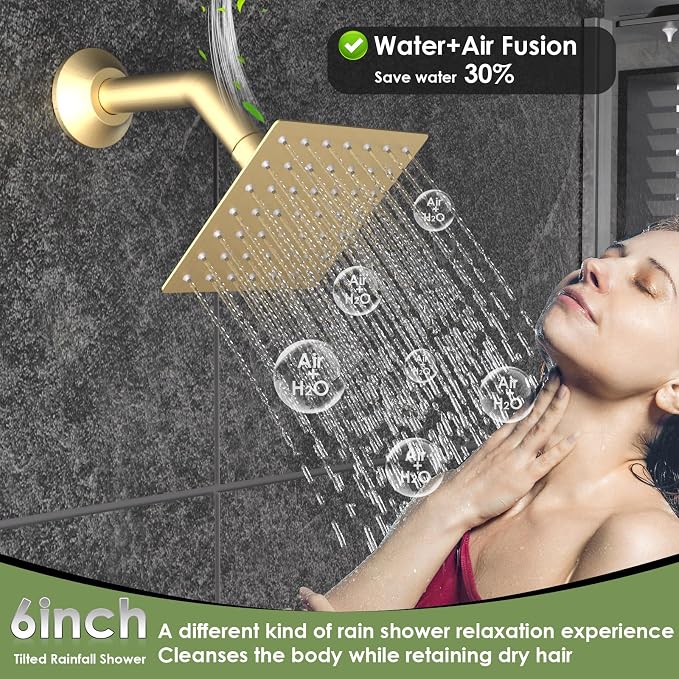 Enga Luxury Dual Shower Head System LED Thermostatic Shower System with 6 inch Wall Shower, 20-Inch 3 Function Shower Head (Rainfall & Mist & Waterfall), Brushed Gold