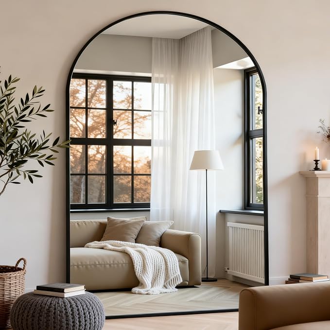 Dewfig Arched Full Length Mirror, 90"x46" Large Floor Mirror, Black | Aluminum Alloy Frame Oversized Full Body Mirror, HD Shatterproof Tempered Glass, Lean/Stand/Wall for Living Room,Bedroom