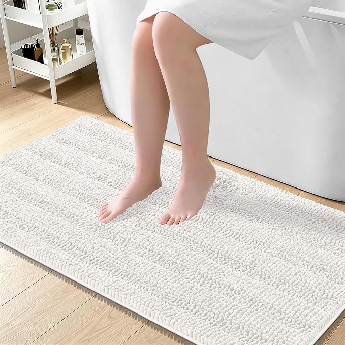 OLANLY Thick Large Bathroom Rugs 45x27, Soft Chenille Bath Rugs, Ivory | Absorbent Striped, Rubber Backing, Machine Wash Dry, Bath Mats for Bathroom Floor, Tub and Shower, Home Decor Accessories