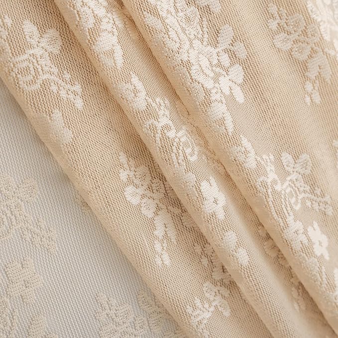 TUDECO Beige Lace Shower Curtain with Attached Valance, 72 x 72 Inch | Antique Vintage, Floral Pattern, Tan Bathroom Curtain, Scalloped Edges, Light Filtering, Soft Privacy, Reinforced Holes
