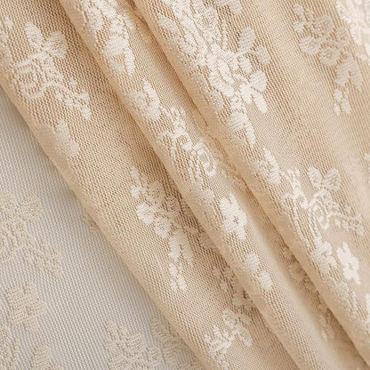 TUDECO Extra Long Beige Lace Shower Curtain with Valance, 72 x84 Inch | Antique Vintage, Floral Pattern, Tall Bathroom Curtain, Scalloped Edges, Light Filtering, Soft Privacy, Reinforced Holes