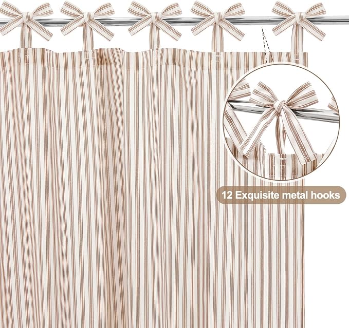 Mindsoft Stripe Cotton Toile Shower Curtain Ticking Stripes Woven Print Curtain Bathroom Decor for Traditional Contemporary Style Kitchen Bath (Brown and White,72 x 72 Inches,Stripe& Bow Knot Ties)