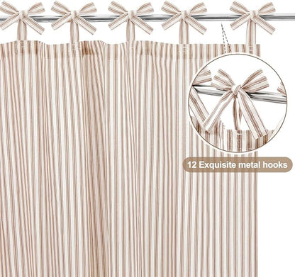 Mindsoft Stripe Cotton Toile Shower Curtain Ticking Stripes Woven Print Curtain Bathroom Decor for Traditional Contemporary Style Kitchen Bath (Brown and White,72 x 72 Inches,Stripe& Bow Knot Ties)