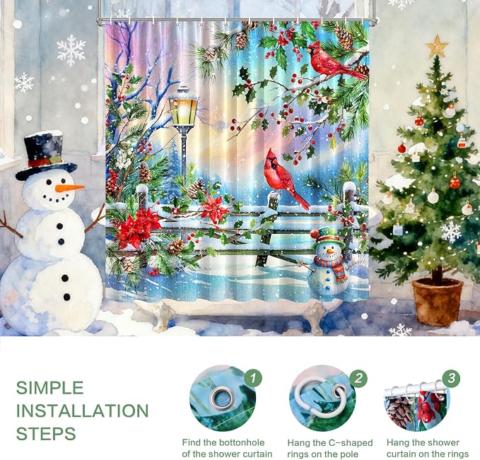 Winter Shower Curtain, Shower Curtains Cardinal Birds Berry Snowman Pine Tree Holiday showercurtain Waterproof Polyester Machine Washable Home Farmhouse Decor Bathroom Curtains