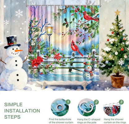 Winter Shower Curtain, Shower Curtains Cardinal Birds Berry Snowman Pine Tree Holiday showercurtain Waterproof Polyester Machine Washable Home Farmhouse Decor Bathroom Curtains