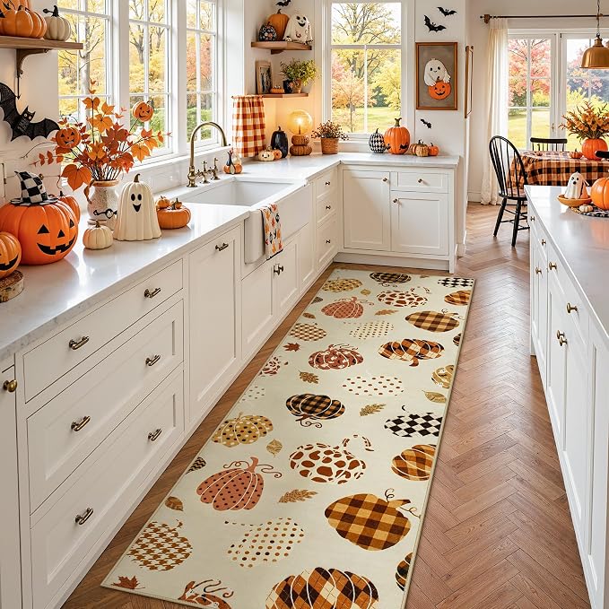 2.5x8 Beige Halloween Fall Pumpkin Hallway Runner Rug for Kitchen Entryway | Washable Non-Slip Low-Pile Autumn Thanksgiving Rug for Hallway, Front Door, Bedroom, Bathroom, Halloween Home Decor Rug