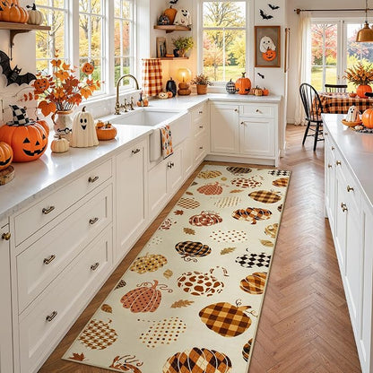 2.5x8 Beige Halloween Fall Pumpkin Hallway Runner Rug for Kitchen Entryway | Washable Non-Slip Low-Pile Autumn Thanksgiving Rug for Hallway, Front Door, Bedroom, Bathroom, Halloween Home Decor Rug