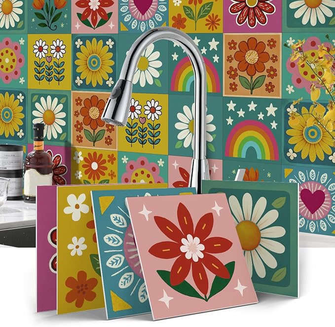 Easy Peel Stick wall Tile Stickers 6x6in Stick on backsplash Tiles,12Pcs | removable 3D tile for kitchen RV bathroom laundry backsplash decor,Ultra-high-definition printed sunflower&rainbow pattern
