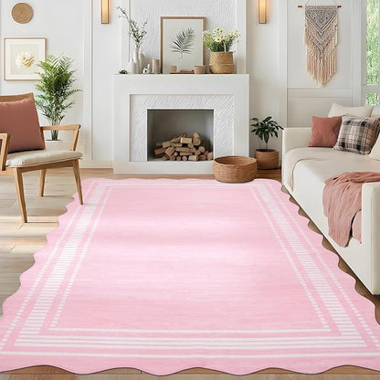 Garvee Modern Scalloped Rug 9x12 Washable Rugs Pink Girls Rugs | Girls Rug for Bedroom, Non-Slip Soft Carpet for Bedroom, Scalloped Low-Pile Print Accent Rug for Dining Room Home Office