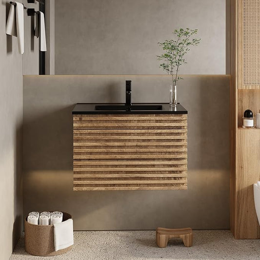 eclife 30" Floating Bathroom Vanity with Sink Combo, Mid-Century Wall Mounted Cabinet with Wood Stripes Decor, Drawers, Undermount Single Black Sink, Faucet, Drain, Light Walnut