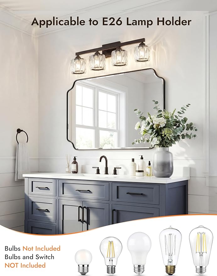 VOLISUN Crystal Vanity Lights for Bathroom, 4 Light Bathroom Vanity Light, Modern Matte Black Bathrooms Light Over Mirror, Black Bathrooms Lights Fixtures-UL Certificated(Exclude Bulb)