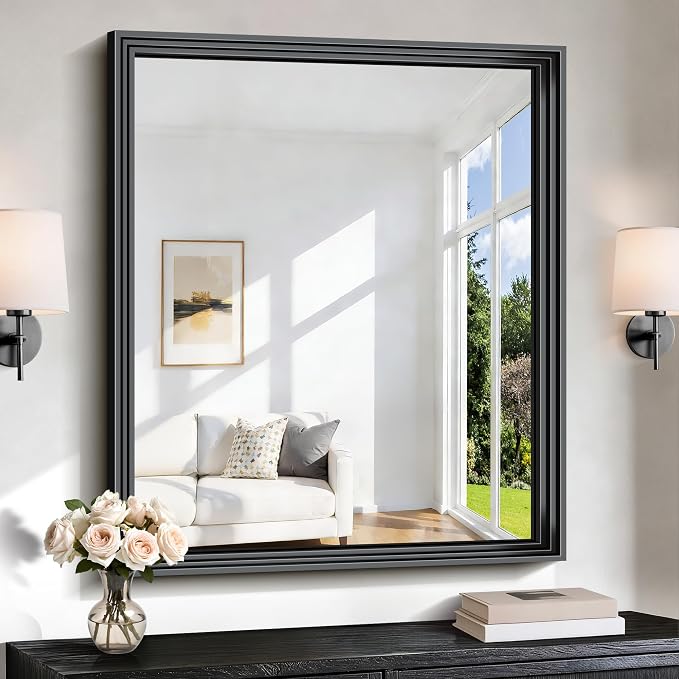 BONEWEI Black Bathroom Mirrors for Wall,30x36 inch Bathroom Mirror Over Sink,Rectangle Metal Framed Vanity Mirror Wall Mounted for Bedroom Living Room,Entryway Hangs Horizontal or Vertical Decor
