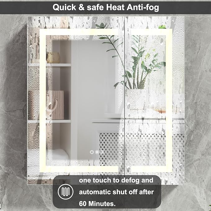 30x32 Bathroom Mirror LED Medicine Cabinet with Light 3 Colors, Recessed Surface Wall Mounted LED Medicine Cabinet, Anti-Fog Tempered LED Mirror with Storage, Stepless Dimming, 2 Outlets