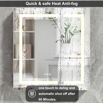 30x32 Bathroom Mirror LED Medicine Cabinet with Light 3 Colors, Recessed Surface Wall Mounted LED Medicine Cabinet, Anti-Fog Tempered LED Mirror with Storage, Stepless Dimming, 2 Outlets