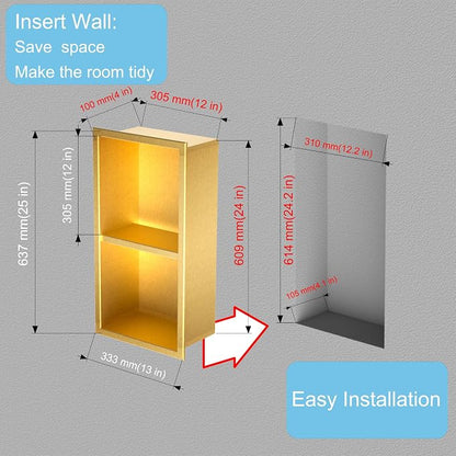 Non Tile Tube Niche Boxes for Showers,Bathroom Niche Double Shelves,Stainless Steel(Gold, 24 * 12 in)
