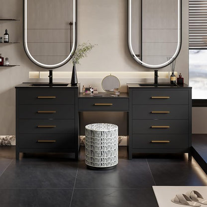 eclife 84" Bathroom Vanity Sink Combo, Modern Painted Vanities Storage Cabinet with 24" Mid Makeup Vanity Desk, 30" Dual Black Basins, Faucets & Drains, Black