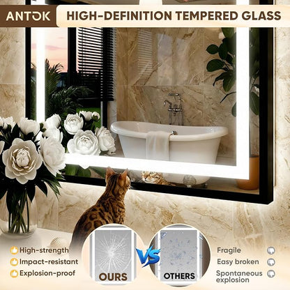 Antok 24X32 LED Bathroom Mirror with Lights, Vanity Mirror for Wall with Black Frame, Touch Control, Anti-Fog, Dimmable Lights, Shatter-Proof, Memory Function, Wall-Mounted Vanity Mirrors