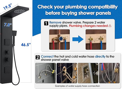 ROVOGO 46.5"H x 7.8"W Shower Panel Tower System with Led Lights, Rainfall Mist Shower Head, Body Jets, Handheld and Tub Spout, Stainless Steel Shower Column with Mixer Valve, Black