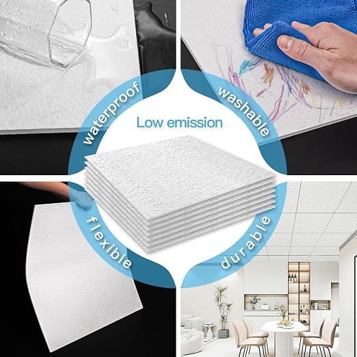 Art3d 12-Pack Stucco Texture Drop Ceiling Tiles 2x2 FT - Fire-Rated, Waterproof, Reusable - Premium PVC 24x24 Inch Ceiling Panels for Living Room Kitchen Bathroom Basement Office, White