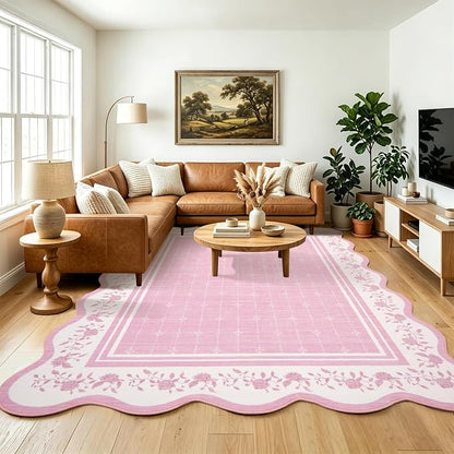 Garvee Large Area Rug Washable 10x13 Scalloped Floral Living Room Rug Pink | Soft Non Slip Low Pile Indoor Carpet Stain Resistant Modern Bordered Accent Carpet for Bedroom Nursery Kids Room Office