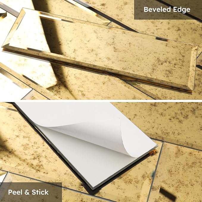 Peel and Stick Beveled Mirror Tile, Light Antique with Gold, 4x12 Inch, Mirror Backsplash for Kitchen Bar Bathroom Wall Tile (5 Sq.ft, 15 Pcs)