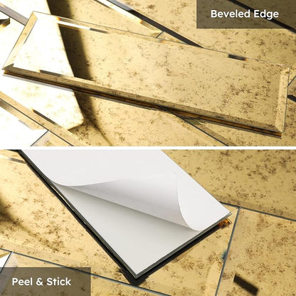 Peel and Stick Beveled Mirror Tile, Light Antique with Gold, 4x12 Inch, Mirror Backsplash for Kitchen Bar Bathroom Wall Tile (5 Sq.ft, 15 Pcs)
