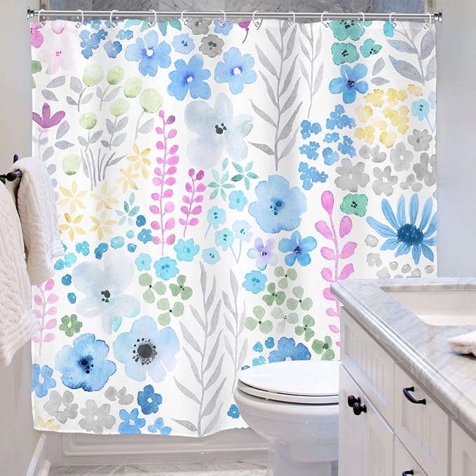 Blue Grey Floral Cute Boho Wildflower Trendy Bathroom Shower Curtain Set | 72"W x 72"H Watercolor Leaves; waterproof HD print, quick-dry fabric with 12 hooks for easy hanging.