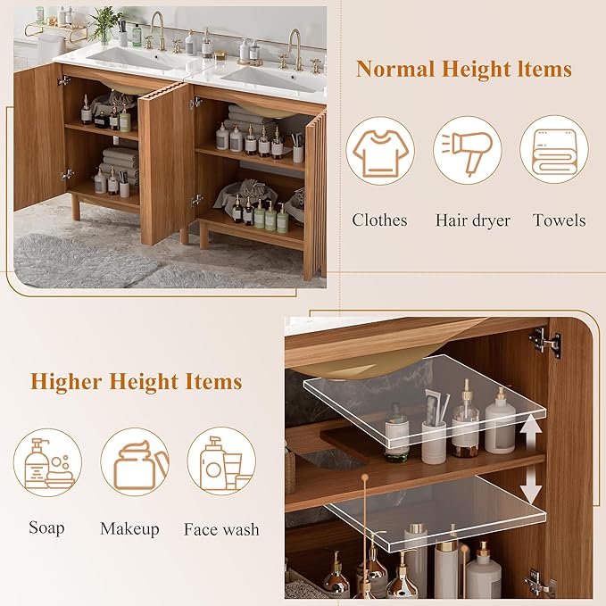 60″ Bathroom Vanity with Ceramic Sink, Modern Bathroom Vanity Cabinet with 4 Doors, Freestanding Mid-Century Restroom Sink Cabinet Combo with U-Shaped Adjustable Shelf (60")