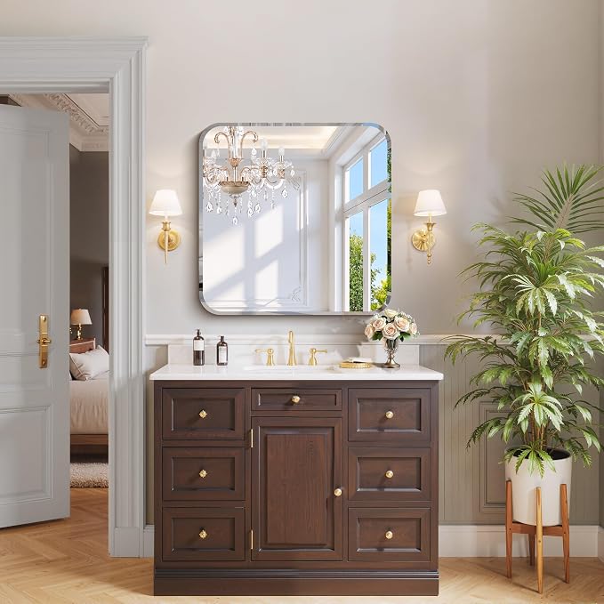 CILIBER Beveled Mirror, 30x30 Square Bathroom Mirror Rounded Corner, 3mm Tempered Glass, 18 inch Frameless Vanity Mirror with Beveled Edge for Bathroom, Bedroom, Living Room and Entryway