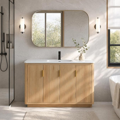 48 Inch Freestanding Bathroom Vanity with Ceramic Sink, Striped Vanity Cabinet with Four-Door Storage & Gold Pull Handles, Natural Wood