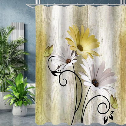 Onalasyc 4PCS Yellow Daisy Bathroom Sets with Shower Curtain and Rugs | Country Floral Butterfly Shower Curtain Set,Modern Bathroom Decor Shower Curtains Set with Rugs Toilet Lid Cover and 12 Hooks
