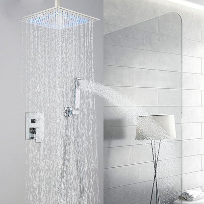 Ceiling Mount Shower Faucet Set 12 Inch LED Rainfall Shower Head Bathroom Rainfall Shower System with Handheld Spray Rough-in Valve Body and Trim Included, Chrome Finished