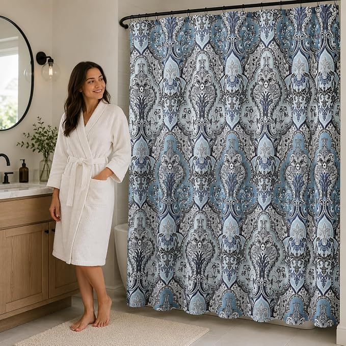 Decorative Blue & Silver Grey Gray Boho Fabric Shower Curtain, Modern Farmhouse for Vintage Rustic Bathroom Decor, Floral Victorian, 72 x 72 | 72" x 72", Easy Care, Washable, Modern Farmhouse Bath Decor Floral Victorian