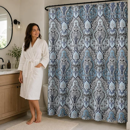 Decorative Blue & Silver Grey Gray Boho Fabric Shower Curtain, Modern Farmhouse for Vintage Rustic Bathroom Decor, Floral Victorian, 72 x 72 | 72" x 72", Easy Care, Washable, Modern Farmhouse Bath Decor Floral Victorian