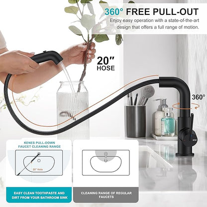 Black faucet with 20-inch hose being used to water a plant, with text highlighting features like '360° Free Pull-Out' and '20" Hose'.