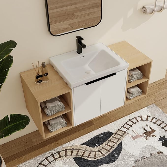 Malwee 48" Floating Bathroom Vanity with White Ceramic Basin Sink Top, 48 Inch Single Sink Wall Mounted Bathroom Vanity, with 2 Doors and 2 Storage Shelves.MA07448