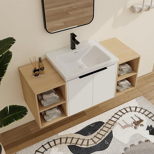 Malwee 48" Floating Bathroom Vanity with White Ceramic Basin Sink Top, 48 Inch Single Sink Wall Mounted Bathroom Vanity, with 2 Doors and 2 Storage Shelves.MA07448