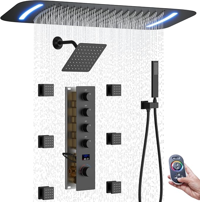 16X26 inch Rainfall Shower System Matte Black Shower Faucet Set | Temperature Display Shower Faucet with 6 Body Jet, 8 inch Wall Mounted Shower Head and Handheld Set