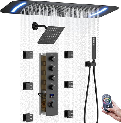16X26 inch Rainfall Shower System Matte Black Shower Faucet Set | Temperature Display Shower Faucet with 6 Body Jet, 8 inch Wall Mounted Shower Head and Handheld Set